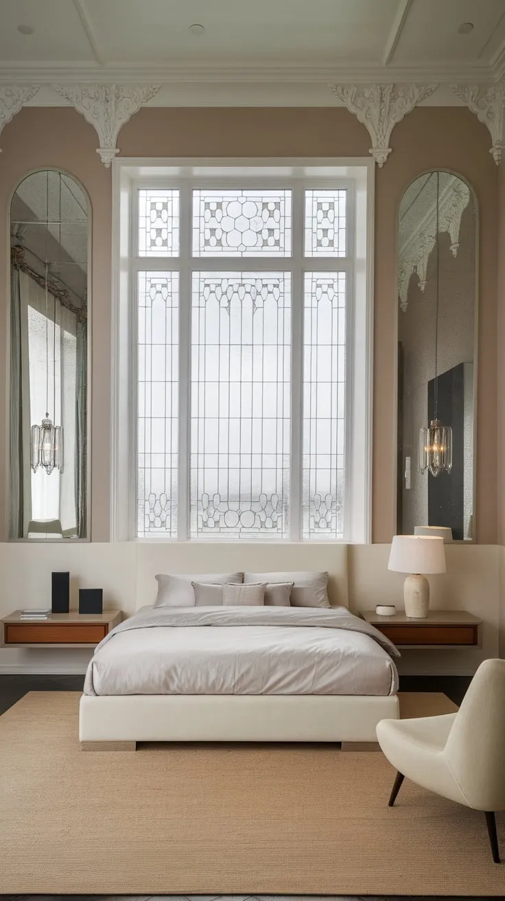 A queen-size bed and contemporary furnishings create a sophisticated blend of Victorian elegance and modern comfort.