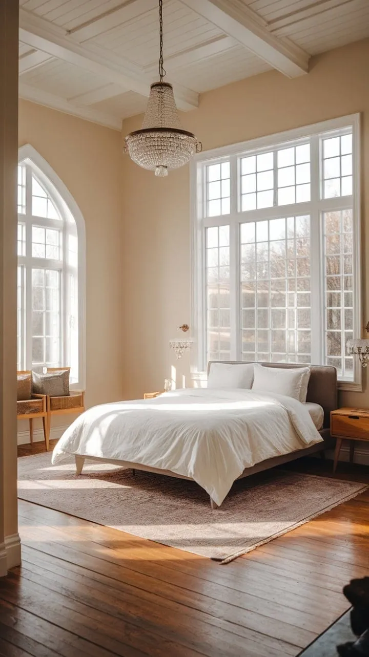 Awakening in a serene sanctuary where modern minimalism meets Victorian charm, this exquisitely designed bedroom promises restful nights and a tranquil start to each day.