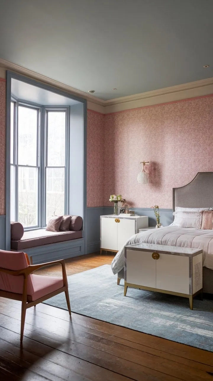 Sunlight dances through a Victorian-inspired bedroom, where classic patterns and modern accents create a charmingly harmonious fusion of eras.