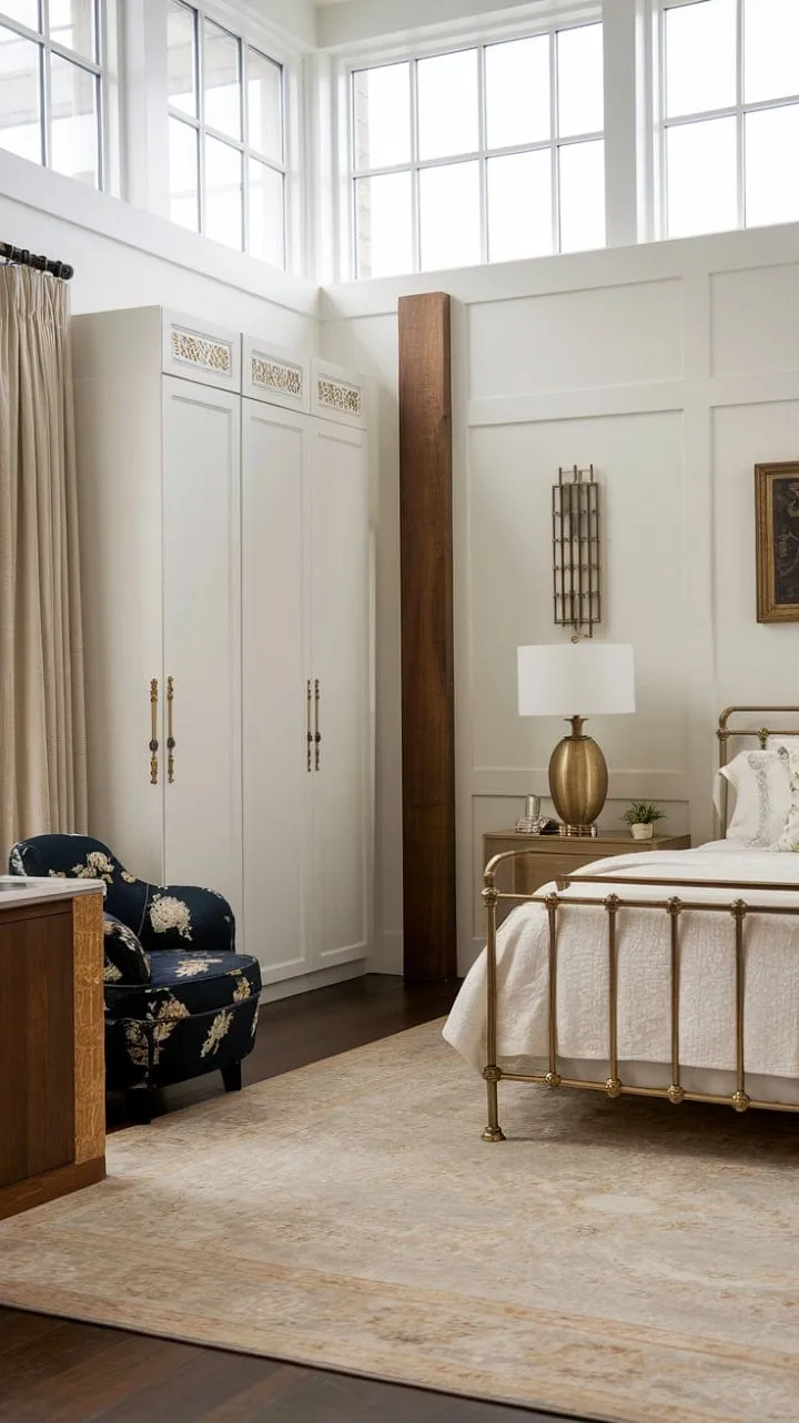 Bathed in sunlight, this beautifully designed bedroom harmoniously fuses traditional and contemporary styles, featuring brass accents and plush textiles that create a luxurious sanctuary for relaxation.