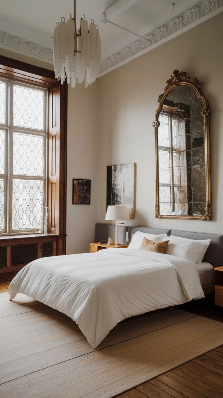 In a harmonious blend of Victorian charm and modern simplicity, this sanctuary exudes sophisticated comfort with its high ceilings and ornate details juxtaposed against sleek, contemporary furnishings.