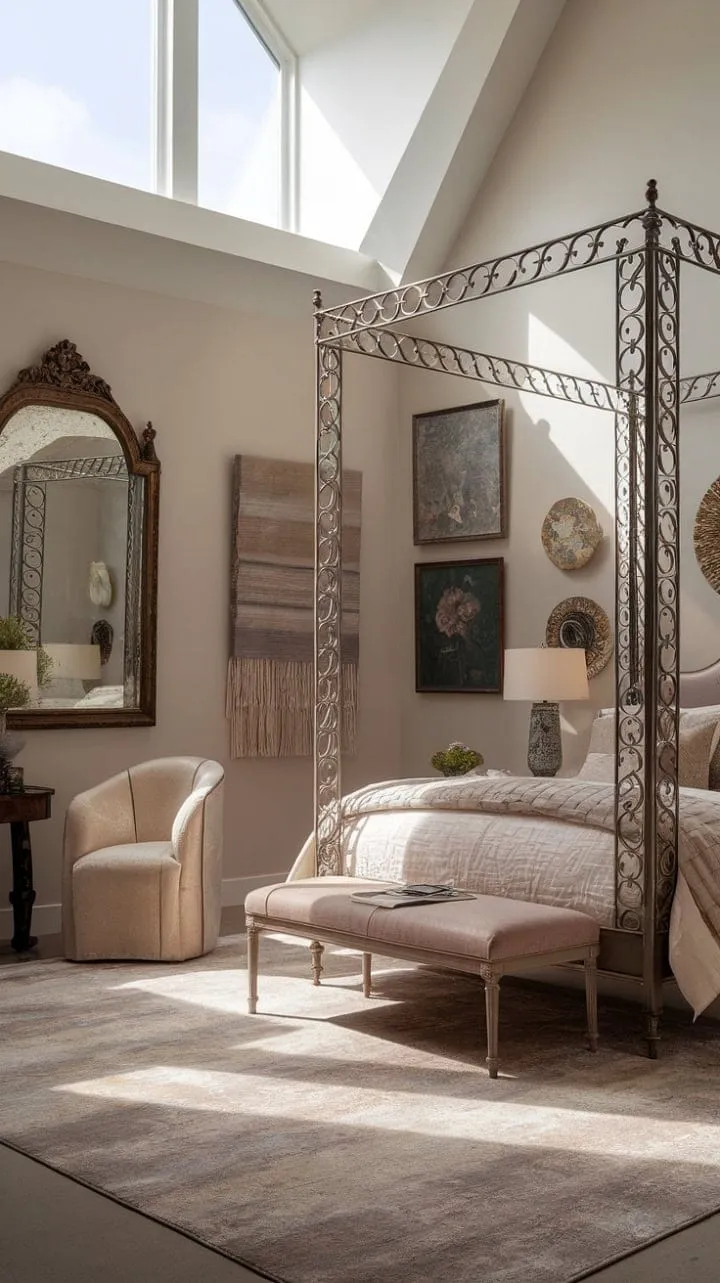 Bathed in sunlight, the Victorian-inspired four-poster bed exudes quiet luxury, transforming the room into a dreamy sanctuary of modern comfort.