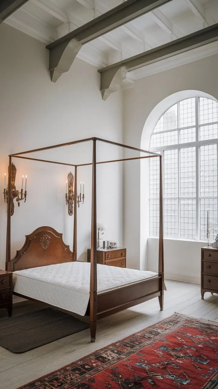 This bedroom harmoniously blends Victorian elegance with modern serenity, creating a tranquil haven where history and comfort coexist beautifully.
