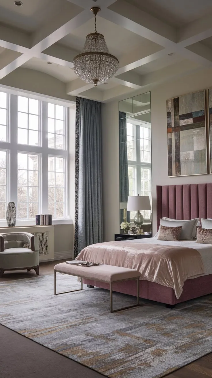 Luxurious velvet and modern art create a dreamy escape in this high-ceilinged Victorian bedroom, bathed in natural light.