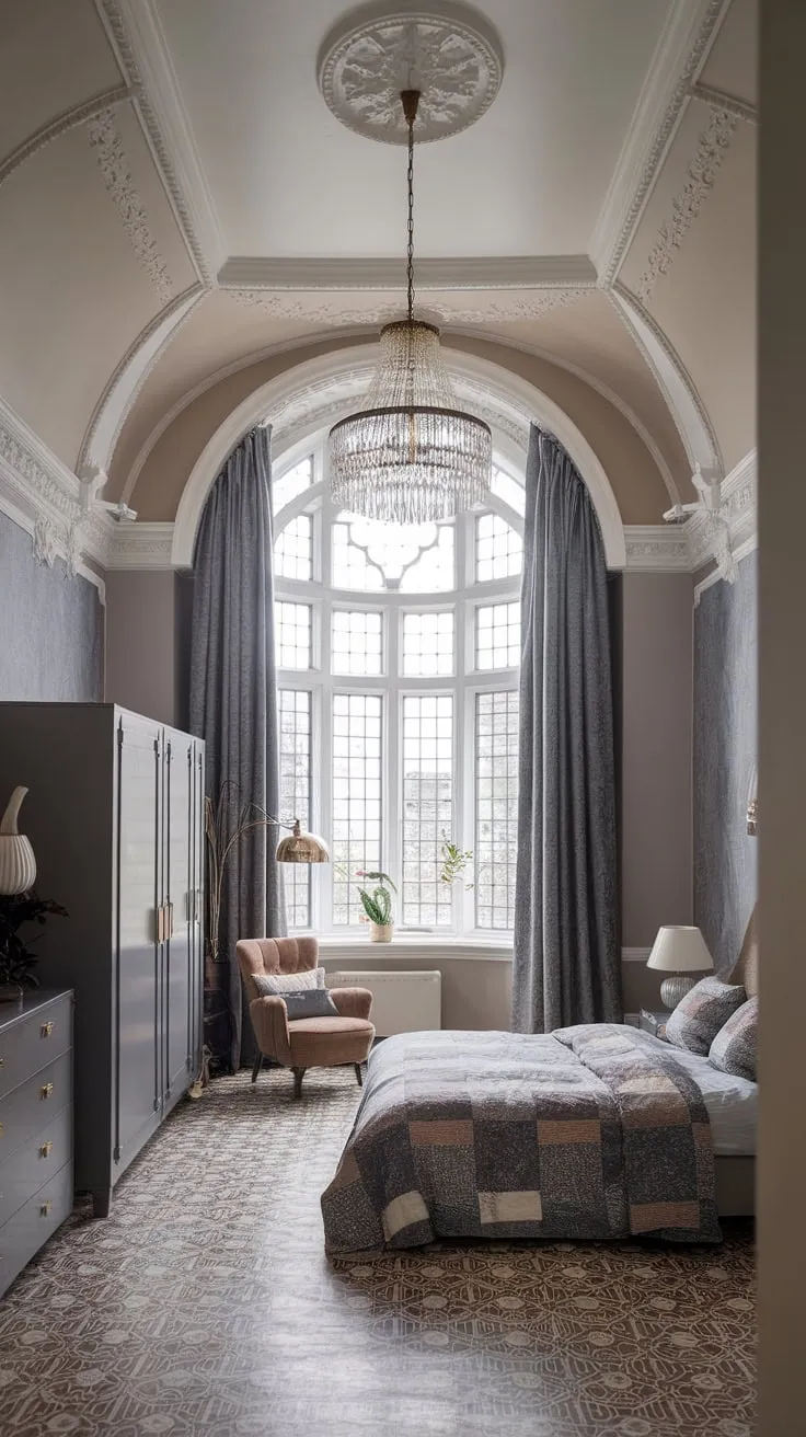 A modern twist on Victorian charm creates a luxurious bedroom with ornate moldings, patterned textiles, and a dreamy ambiance.