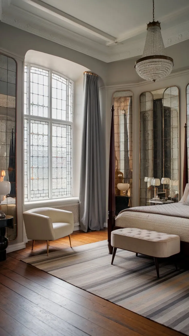 A plush four-poster bed and vintage mirrors in a high-ceilinged room with intricate windows create a dreamy modern Victorian escape
