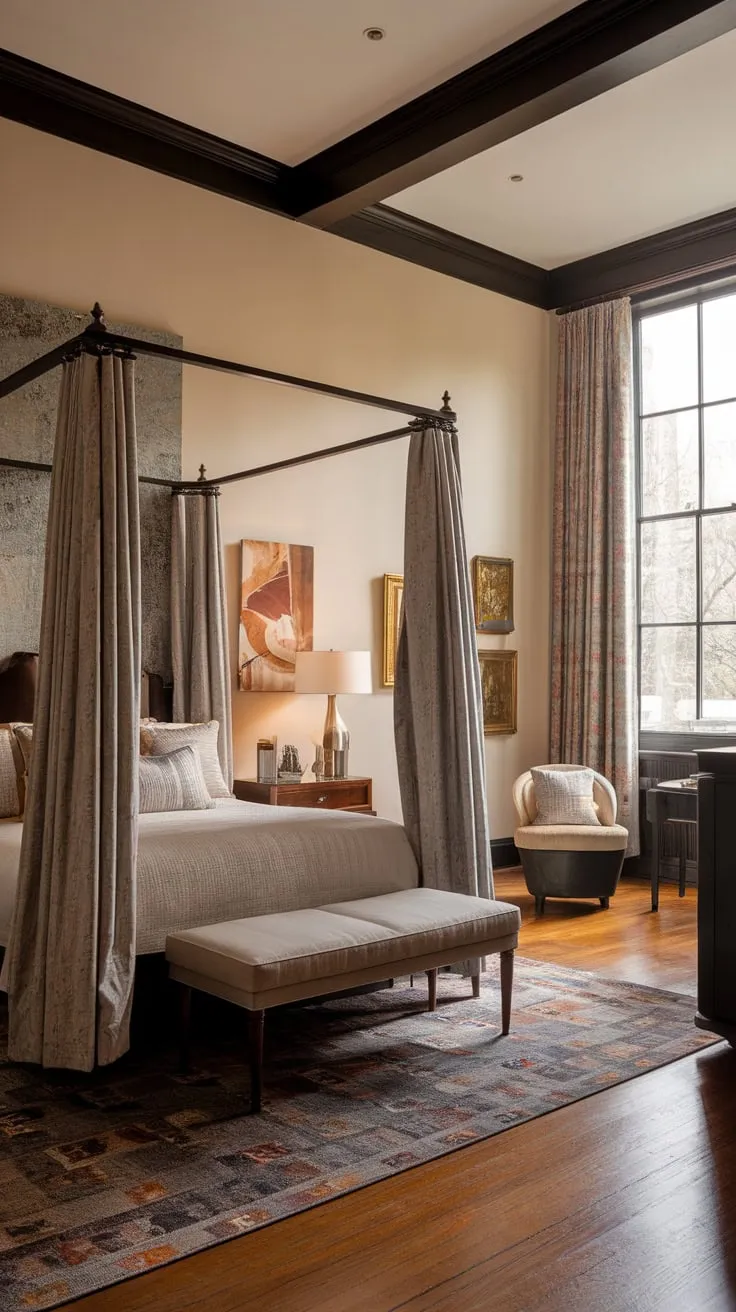 High ceilings and rich wood floors enhance the luxurious feel of a modern Victorian bedroom, where traditional elegance meets contemporary comfort.
