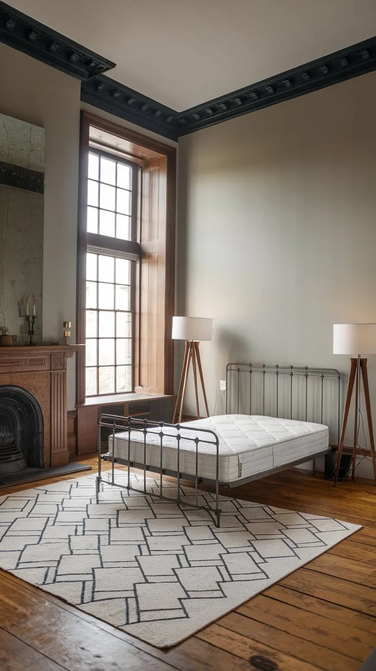 A queen-size bed and geometric rug anchor a light grey room, blending Victorian fireplace elegance with modern floor lamps and wooden planks.