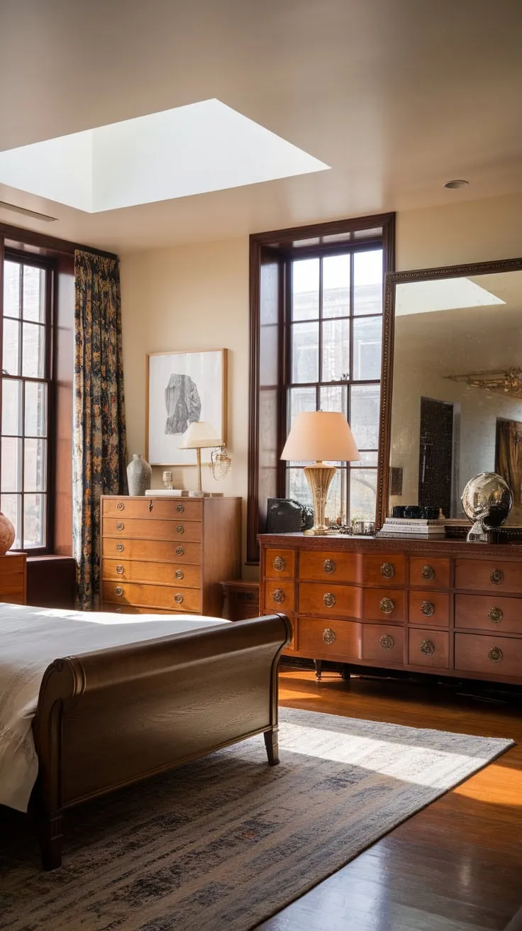 A queen-size bed bathed in soft light anchors a modern Victorian bedroom, its high ceilings and large windows showcasing a stylish blend of vintage charm and contemporary comfort.