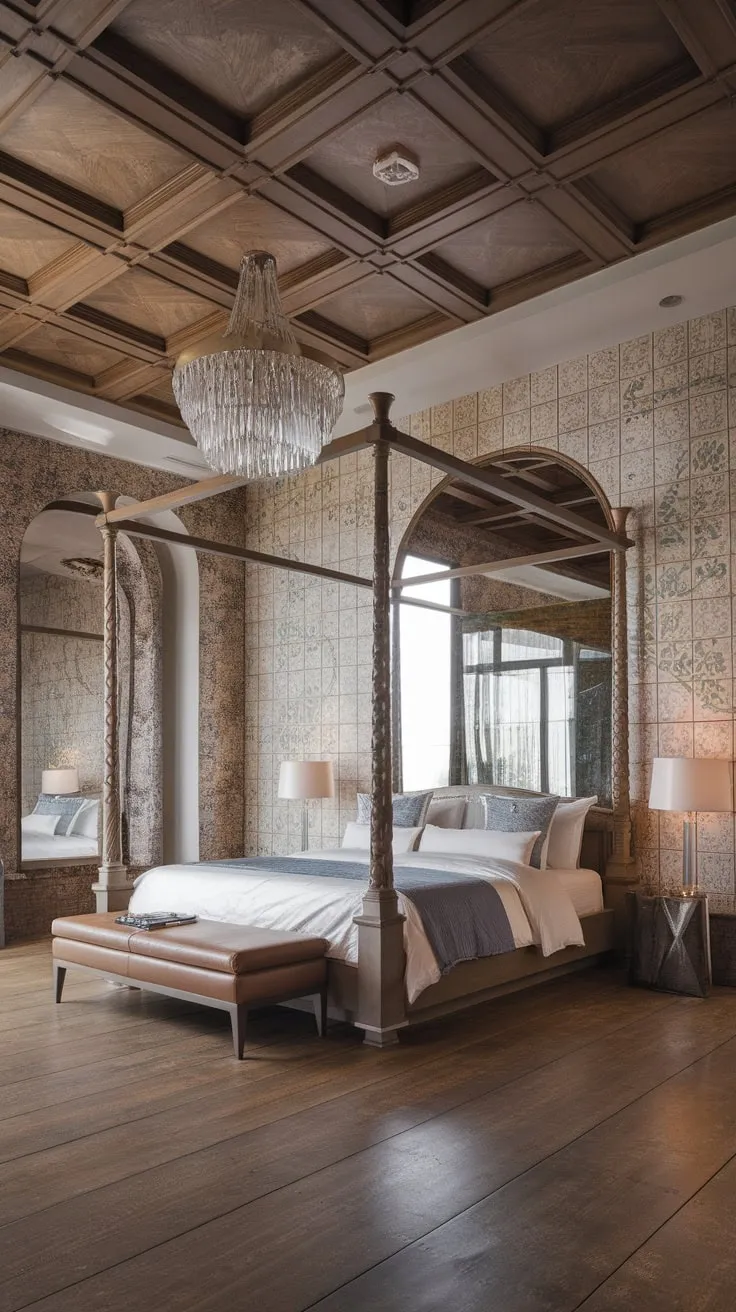 Dreamy modern Victorian elegance blends intricate wood detailing, floral tiles, and contemporary accents for a captivating bedroom retreat