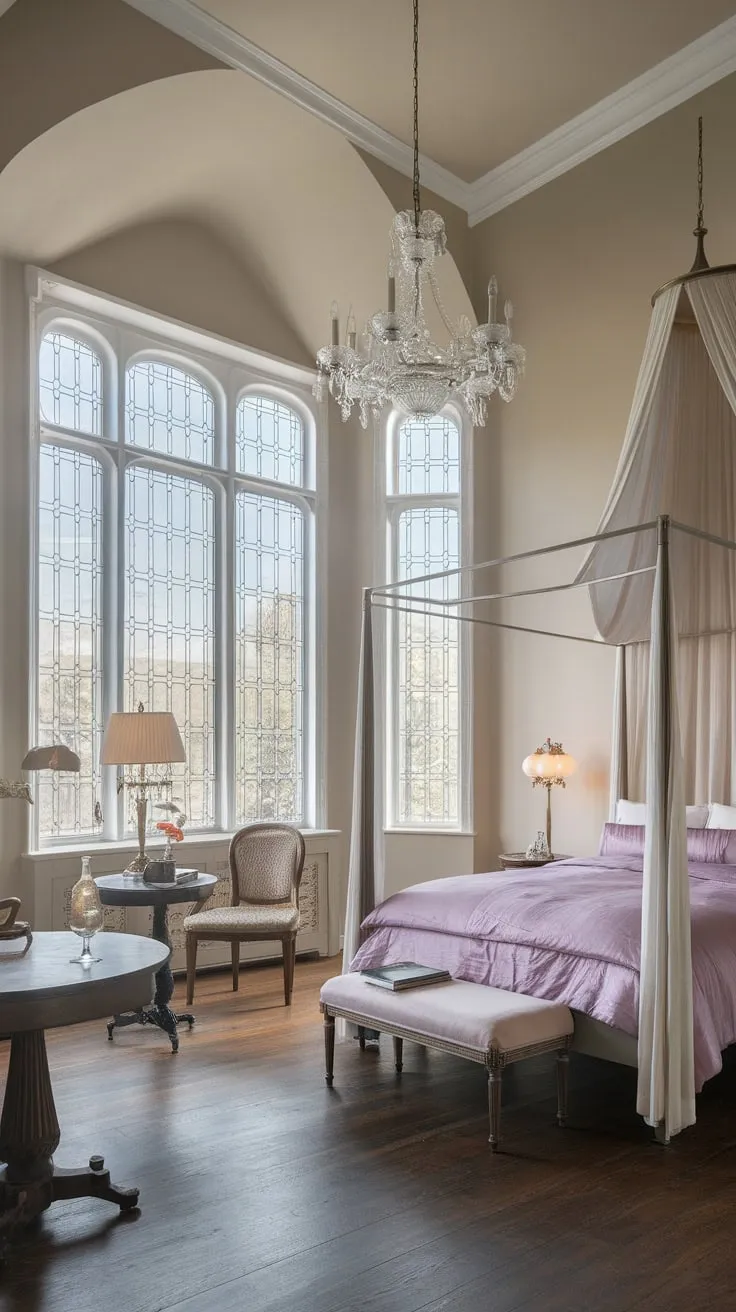 Dark wood floors and a soft beige palette complement the ornate details and purple comforter in this elegant, high-ceilinged Victorian-inspired space.