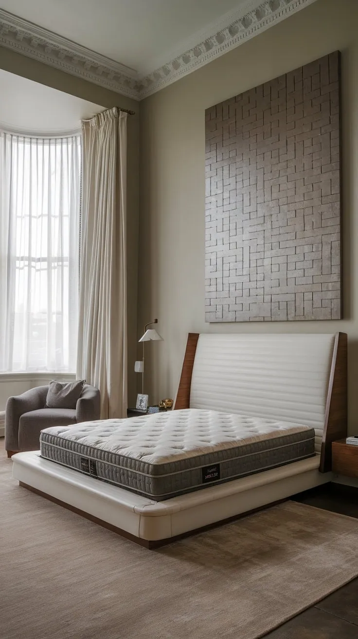 Geometric art and a plush king bed create a sophisticated blend of Victorian grandeur and modern comfort in this high-ceilinged bedroom.