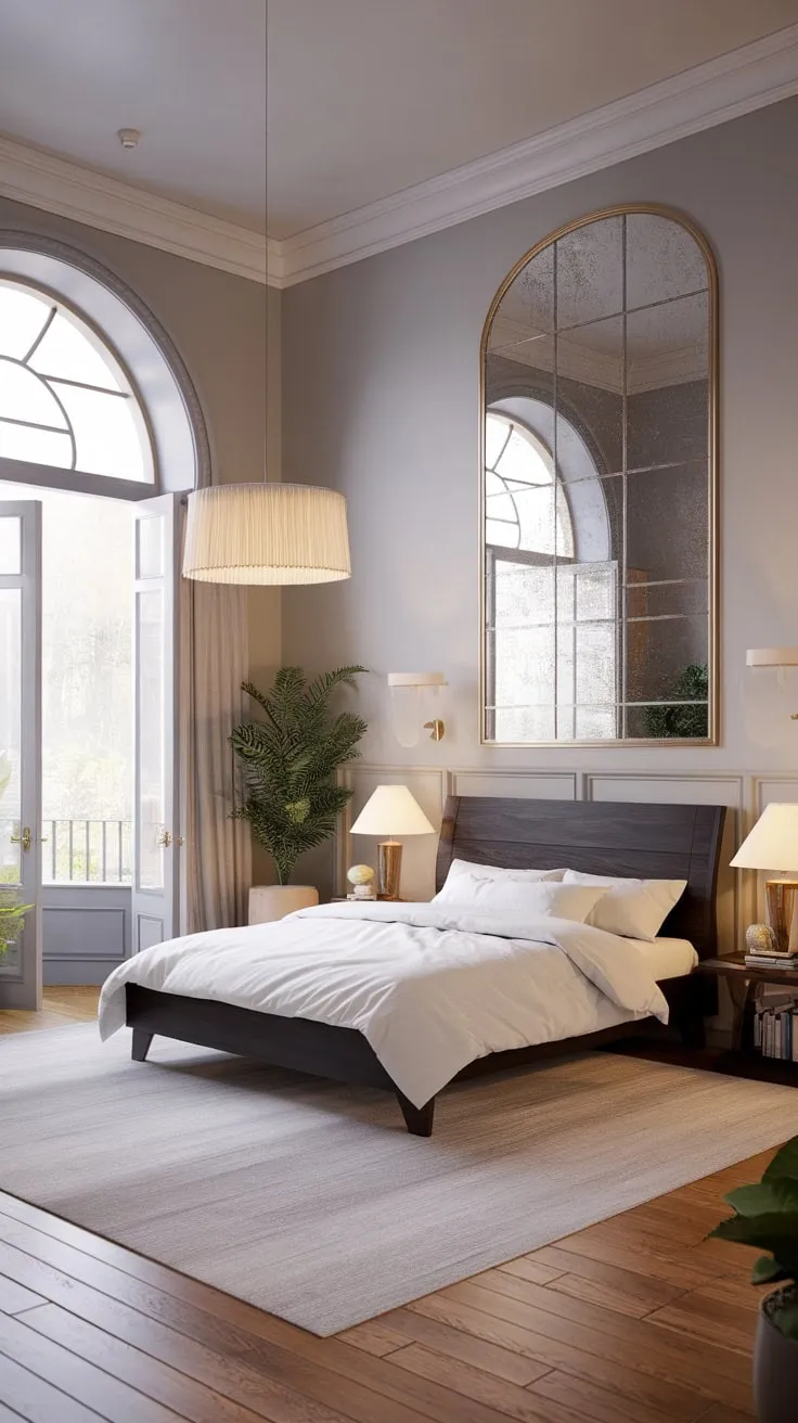 Soft gray walls and a queen-size bed create a restful haven in this updated Victorian retreat.