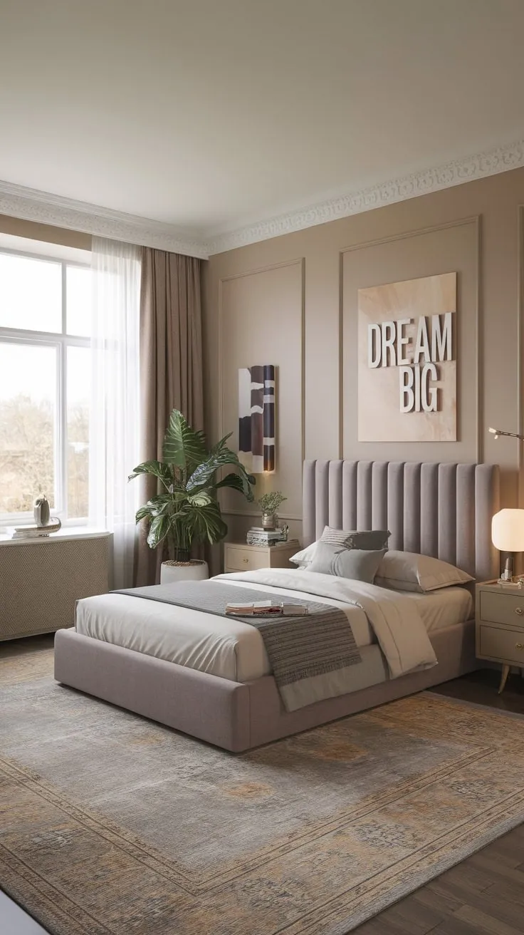 A plush queen bed and contemporary accents create a dreamy modern Victorian escape, bathed in natural light and adorned with subtle elegance.