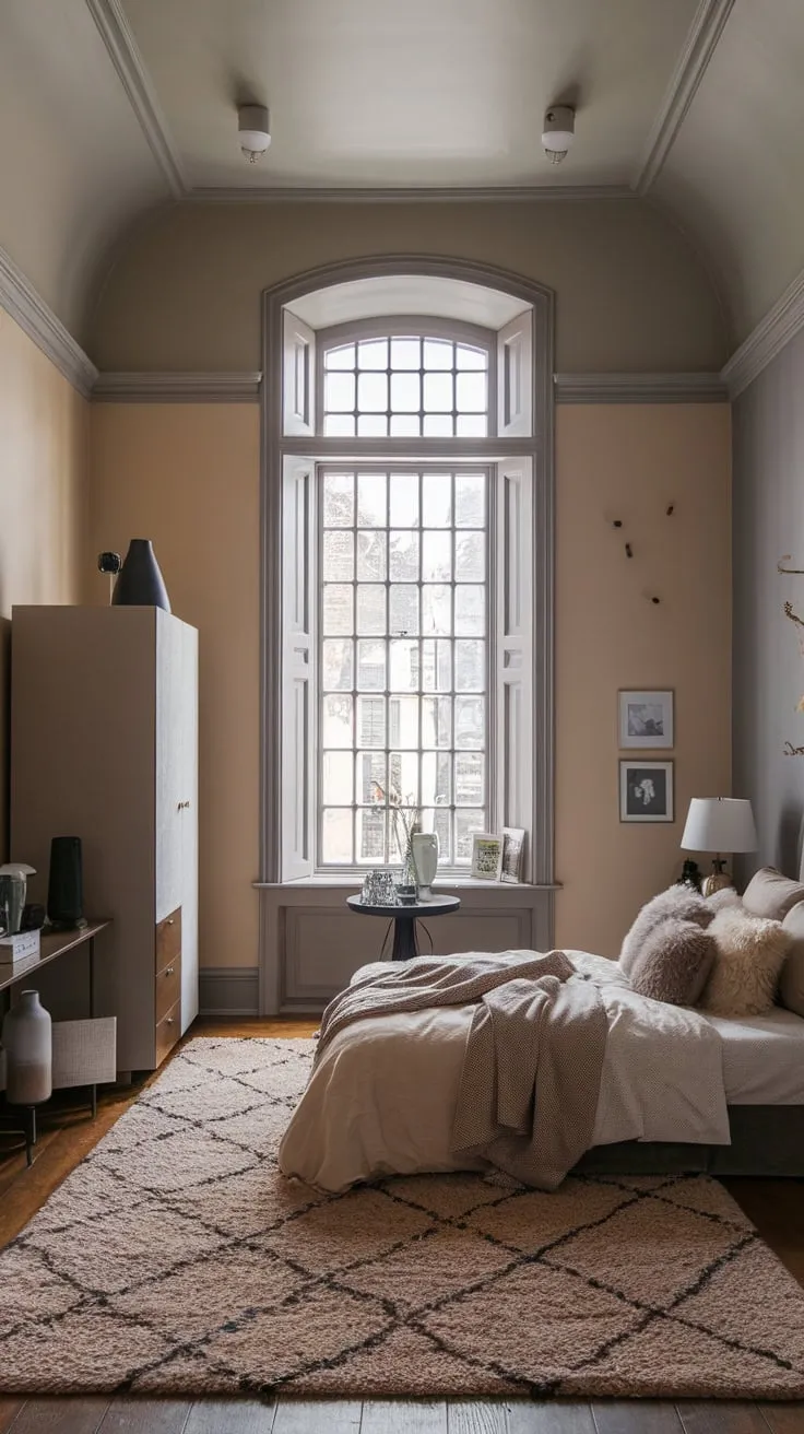 Soft beige and grey hues, high ceilings, and plush textures create a serene modern Victorian bedroom bathed in natural light