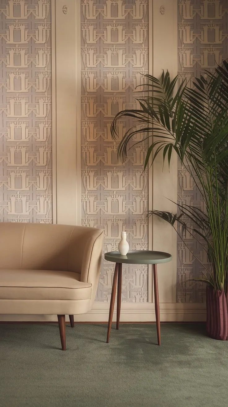 Step into a dreamy 1950s-inspired haven where mid-century modern meets vintage charm. The soft beige sofa, vibrant green accents, and patterned walls create a space that's both effortlessly chic and wonderfully nostalgic. A perfect blend of old-world elegance and contemporary comfort.