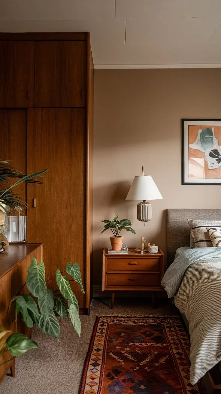 Step into a dream apartment where mid-century modern meets vintage charm. This bedroom, with its soft lighting and carefully curated details, is the perfect blend of retro style and contemporary comfort. The warm beige walls and patterned rug create a cozy atmosphere, while the wooden cabinet and potted plants add a touch of nature. This is more than just a room; it's a sanctuary.