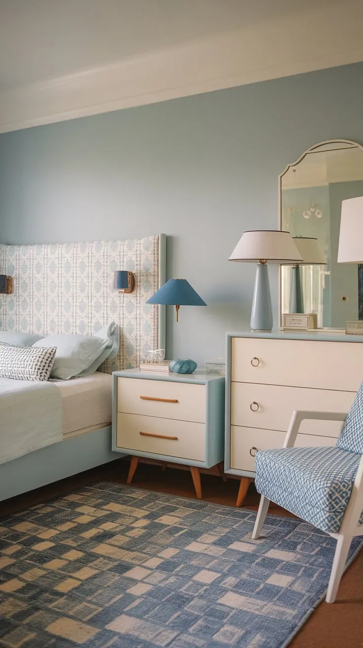 Step back in time with this dreamy bedroom, where mid-century modern meets 1950s charm. The light blue walls and patterned headboard create a serene atmosphere, perfectly complemented by the vintage dresser and stylish chair. A touch of retro elegance for a space that's both timeless and utterly inviting.