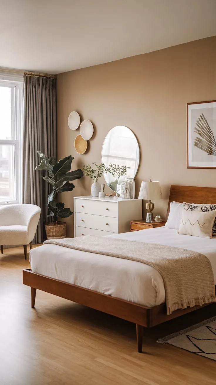 This modern vintage bedroom is a testament to timeless design. The wooden platform bed, crisp white linens, and mid-century modern dresser create a sophisticated yet cozy ambiance. The subtle beige palette and a carefully curated details evoke a sense of calm and understated luxury, making it the perfect dream apartment escape.