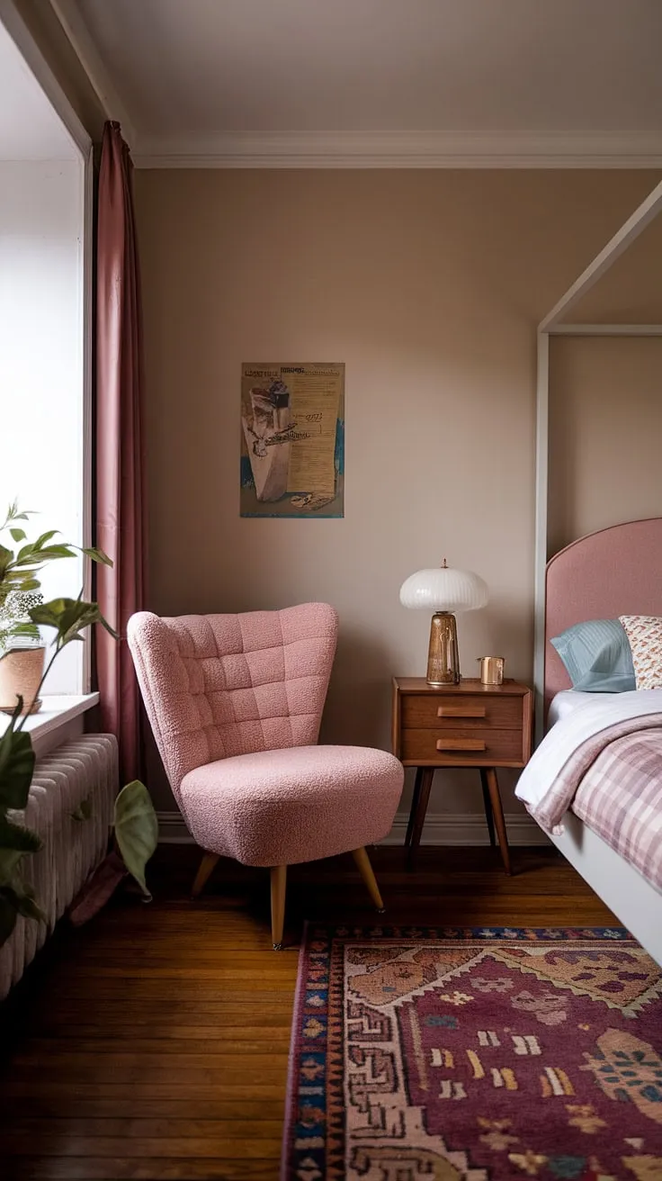 Step back in time with this dreamy mid-century modern bedroom. The plush pink chair by the window, the vintage lamp casting a warm glow, and the perfectly placed plant all contribute to a space that's both stylish and incredibly comfortable. A true testament to timeless design.