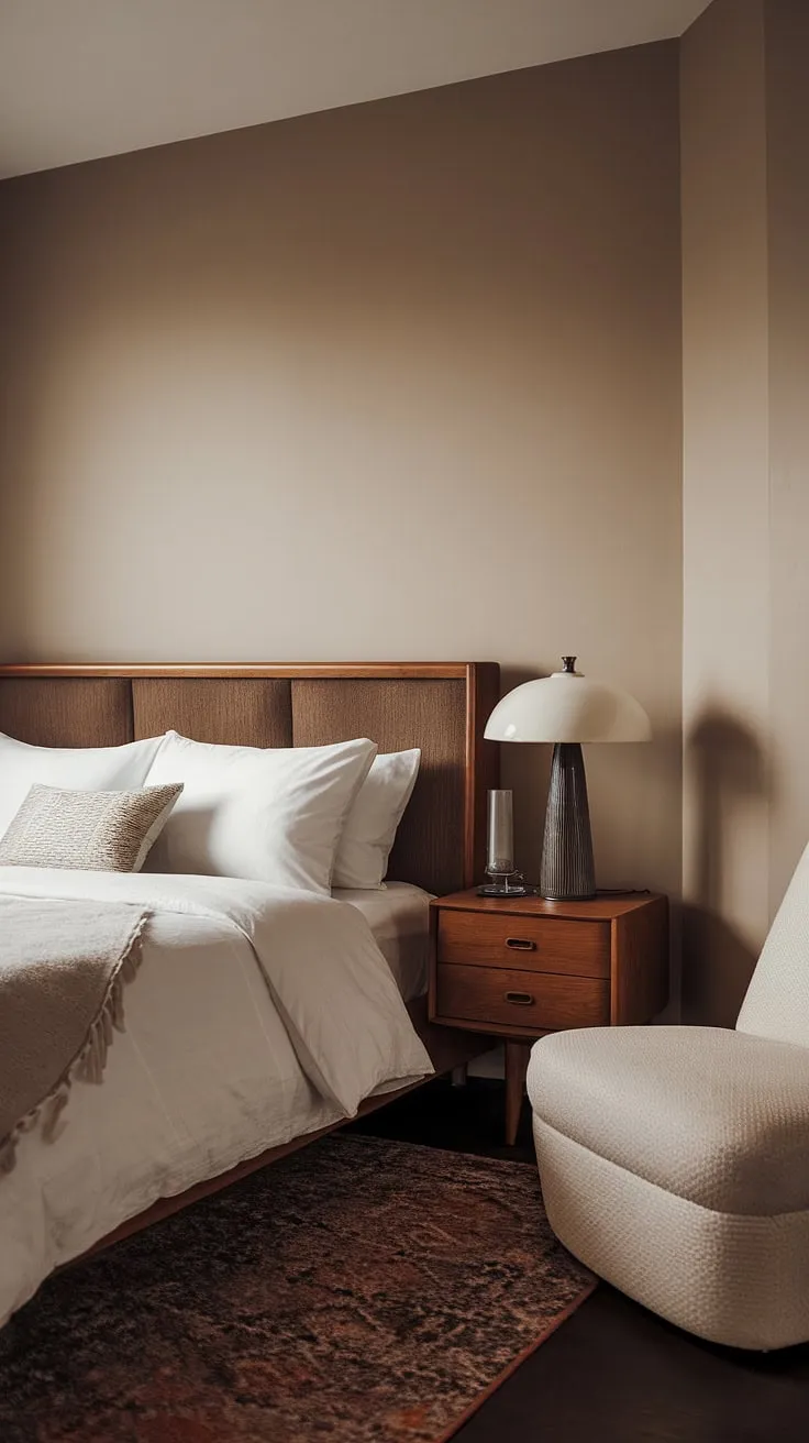 This mid-century modern bedroom is a testament to timeless design. The rich wood tones of the headboard and nightstand contrast beautifully with the crisp white bedding, creating a sophisticated yet cozy feel. A vintage lamp casts a warm glow, completing this dream apartment aesthetic. A space where comfort and style seamlessly blend.