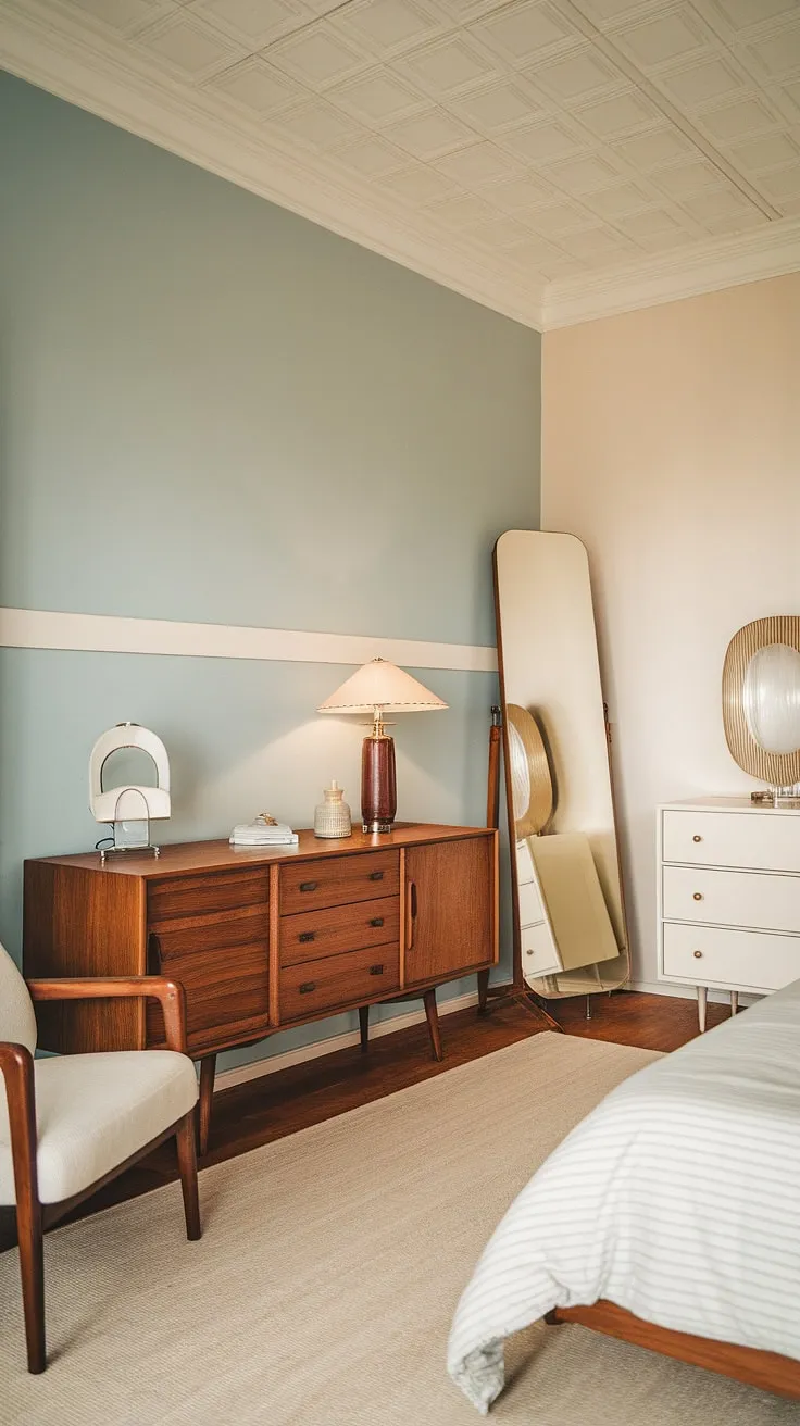 Step back in time with this dreamy bedroom, where mid-century modern meets 1950s charm. The light blue walls and vintage details create a serene and stylish space, perfectly complemented by the warm beige rug and the elegant white dresser. A testament to timeless design, this room effortlessly blends classic and contemporary aesthetics. The wooden cabinet, complete with its vintage lamp, adds a touch of nostalgic warmth.