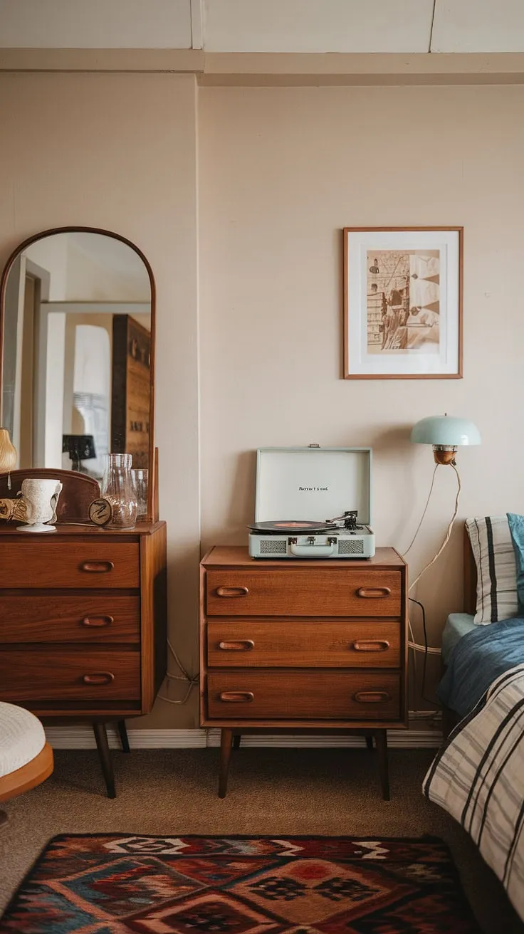 Step back in time and into this dreamy mid-century modern bedroom. The warm beige walls, vintage record player, and sleek wooden dresser create a perfectly curated space that effortlessly blends retro charm with contemporary comfort. A true haven of stylish simplicity.