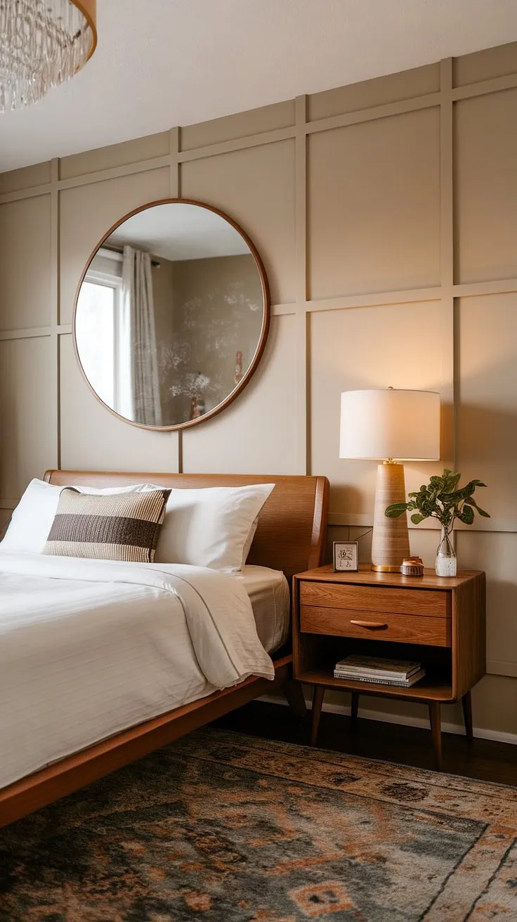 Step back in time with this dreamy bedroom, where mid-century modern meets 1950s charm. The elegant lines of the furniture, the warm beige walls, and the playful patterned rug create a space that's both sophisticated and inviting. A perfect blend of eras, this room effortlessly captures the spirit of a bygone era while feeling completely contemporary.