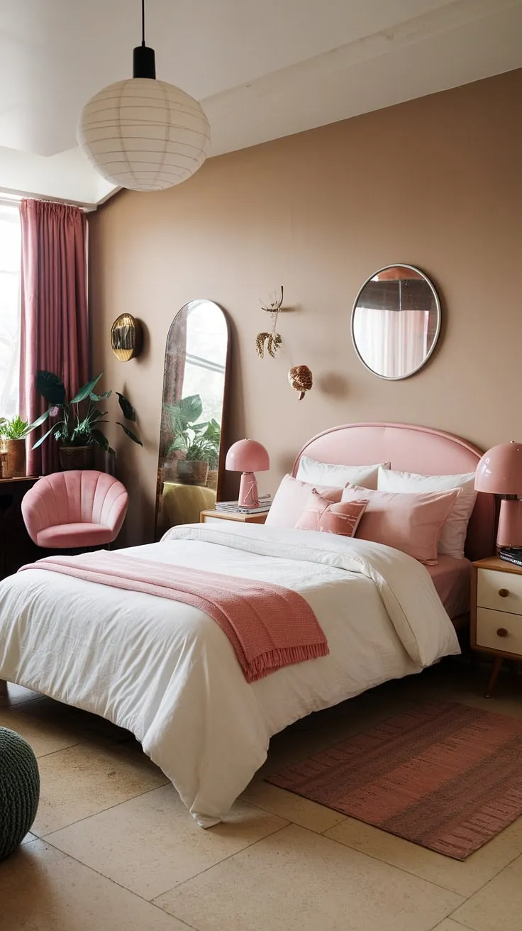 This beautifully curated bedroom effortlessly marries the nostalgic appeal of 1950s decor with the clean lines of mid-century modern design. The result? A serene and sophisticated sanctuary, where comfort and style coexist in perfect harmony. A space to unwind and rediscover the beauty of simpler times.