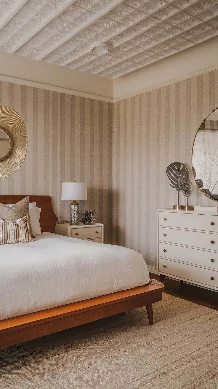 This apartment bedroom is a curated collection of mid-century modern and vintage 1950s aesthetics. The carefully chosen details, from the patterned ceiling to the perfectly placed decorative objects on the nightstands, create a cohesive and inviting space. A testament to the enduring appeal of classic design, this room is a dream come true for anyone who appreciates a touch of retro elegance. A sanctuary of style and comfort.