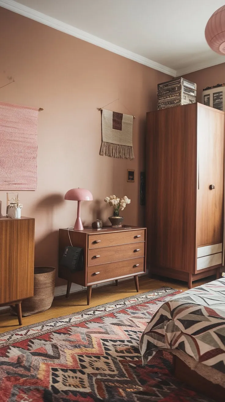 Step back in time with this dreamy mid-century modern bedroom. The vintage dresser and wardrobe, paired with the plush rug and soft lighting, create a haven of calm and sophisticated style. A perfect blend of retro charm and contemporary comfort.