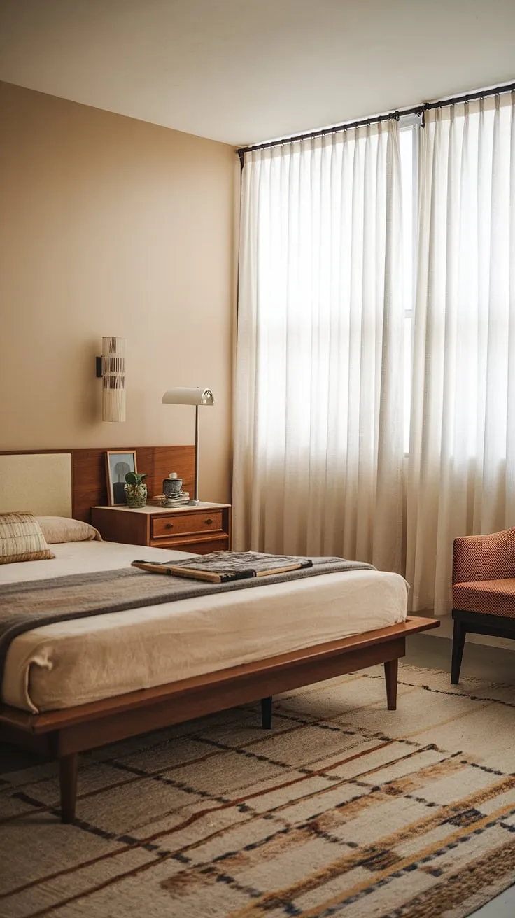 Wake up to serenity in this mid-century modern bedroom. The warm beige walls and natural wood tones create a calming atmosphere, perfect for unwinding after a long day. A simple yet elegant design, this space effortlessly blends vintage charm with contemporary comfort.