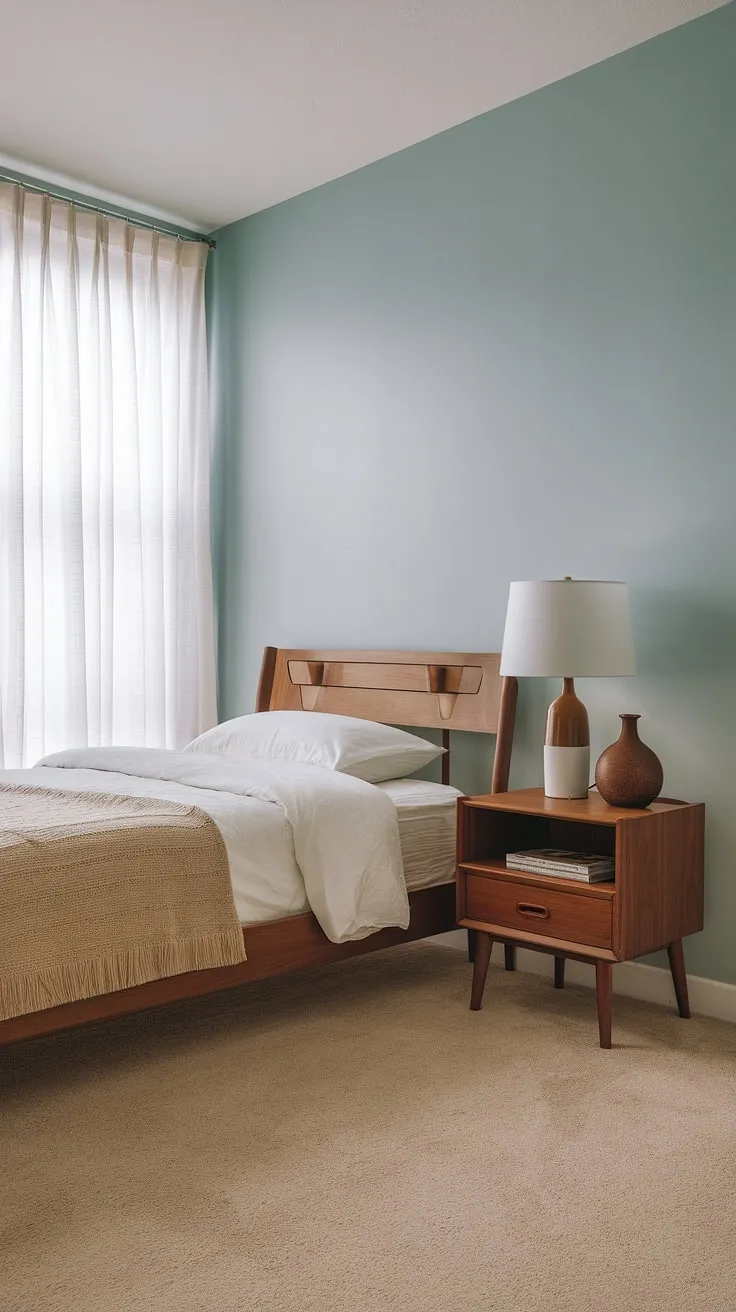This light-filled bedroom is a beautiful example of how to seamlessly blend mid-century modern aesthetics with a contemporary feel. The carefully curated details, from the wooden bed frame to the simple yet stylish nightstand, create a space that is both inviting and sophisticated. A true dream apartment aesthetic brought to life.