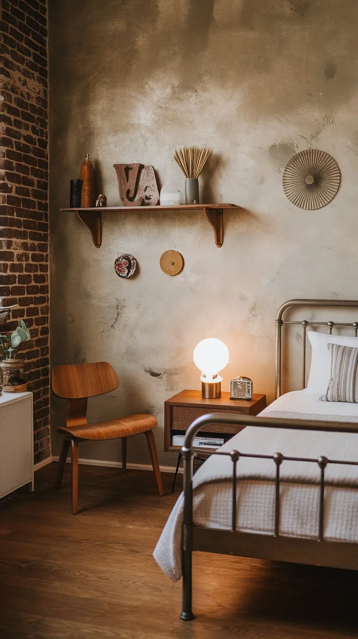 This bedroom seamlessly blends the best of mid-century modern and rustic design. The exposed brick wall adds a touch of raw texture, beautifully contrasted by the sleek metal bed frame and the warm tones of the wooden chair and floors. The vintage details, like the decorative shelf and lamp, complete this inviting and stylish space.