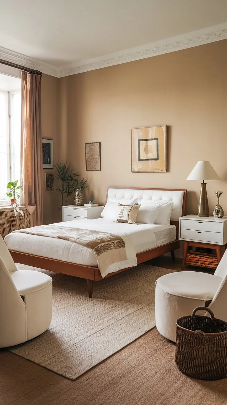 This dreamy bedroom effortlessly blends mid-century modern design with cherished vintage finds, creating a space that's both stylish and incredibly calming. The soft beige walls and plush rug enhance the overall sense of serenity, while the carefully curated details, like the vintage lamp and woven basket, add a touch of personality and warmth. A perfect sanctuary for rest and relaxation.