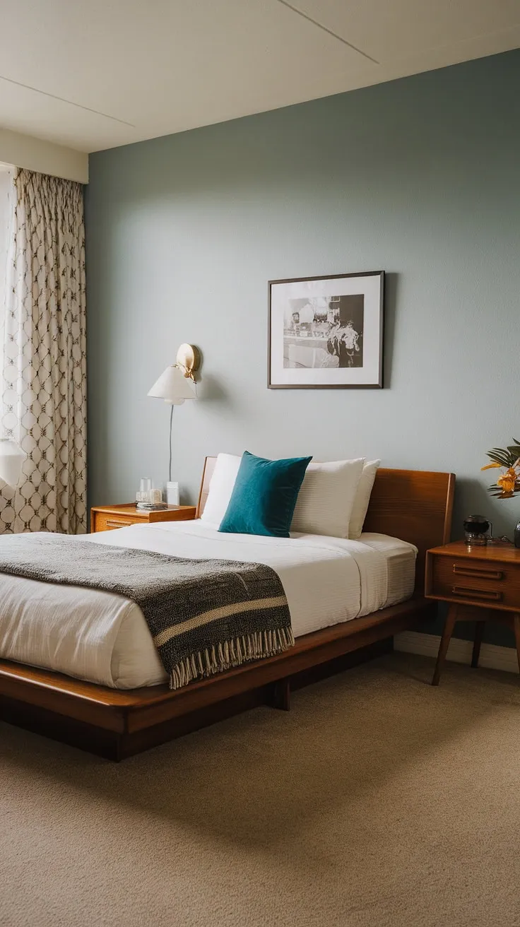 This modern vintage bedroom is a testament to timeless style. The wooden platform bed, paired with the soft white blanket and a pop of teal, perfectly complements the light blue walls and mid-century modern aesthetic. A true dream apartment, ready for relaxation and sweet dreams.