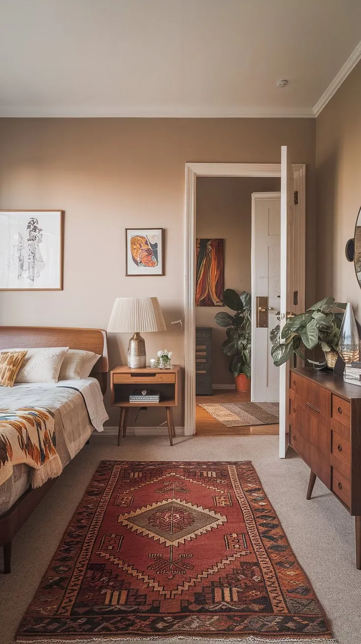 This 1950s-inspired bedroom is a testament to timeless design. The warm beige walls, the vintage rug, and the carefully curated decor create a tranquil and sophisticated atmosphere. A true dream apartment, this space effortlessly blends classic mid-century modern with a touch of contemporary charm.