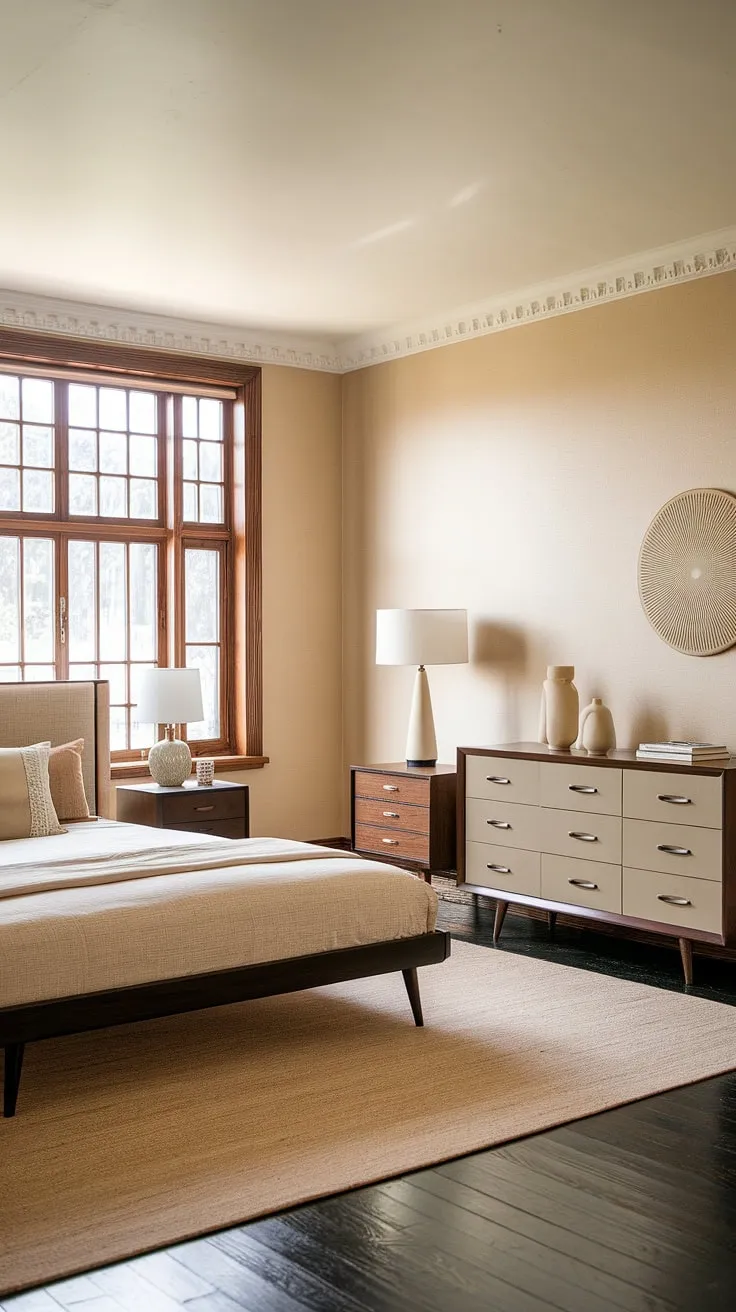Step into a dream apartment where mid-century modern meets 1950s charm. The warm beige walls, dark wood floors, and abundant natural light create a serene atmosphere, perfectly complemented by the stylish furniture and carefully curated décor. This space effortlessly blends vintage elegance with contemporary comfort.