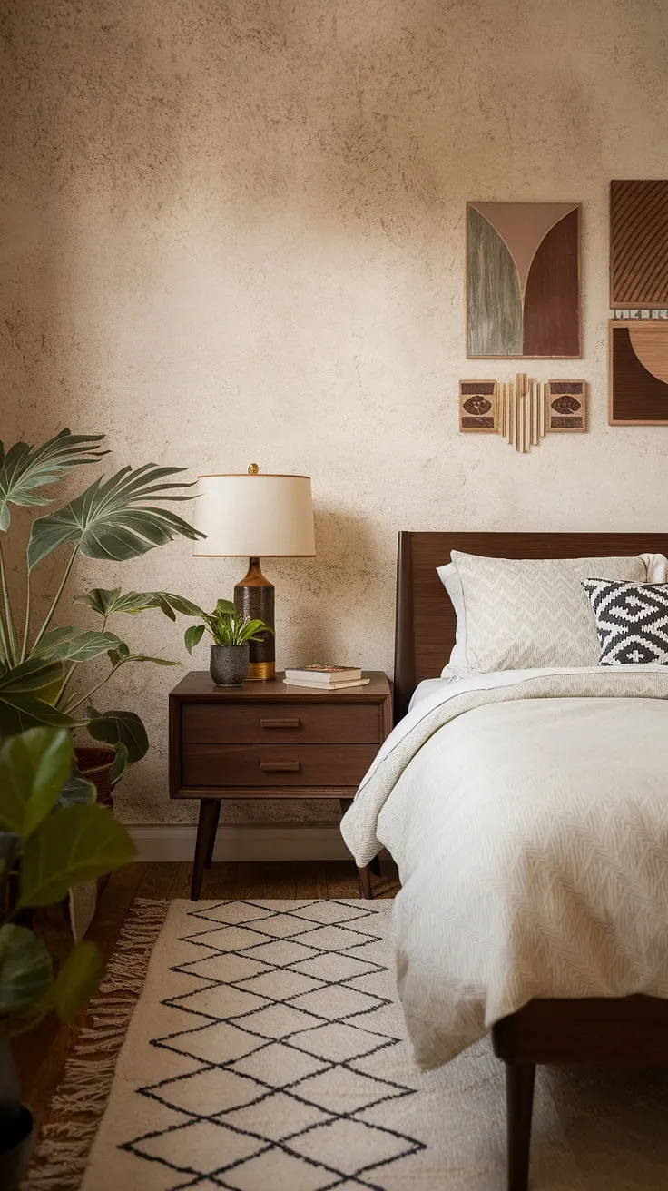 Step back in time with this dreamy bedroom, where mid-century modern meets 1950s charm. The textured walls, dark wood bed frame, and geometric rug create a sophisticated yet cozy atmosphere. A perfect blend of vintage and contemporary design, this space effortlessly balances style and comfort. A touch of nature with the potted plants completes the scene.