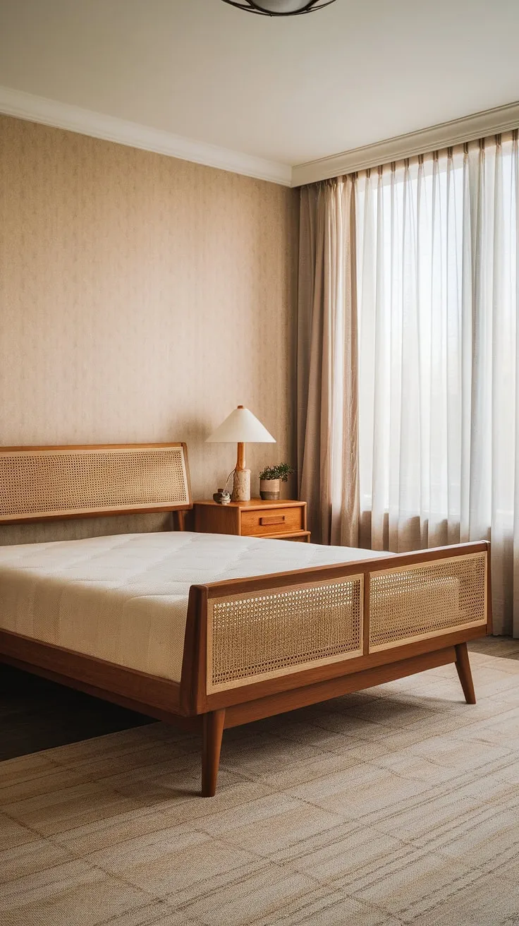 Step back in time with this mid-century modern bedroom. The woven textile headboard and simple wooden furniture create a calming, vintage-inspired sanctuary. A perfect blend of old-world charm and modern comfort. A truly timeless space.