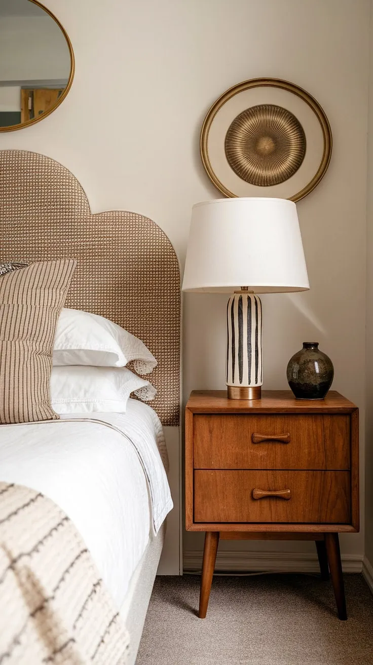 Step back in time, yet feel utterly present. This bedroom seamlessly blends the clean lines of mid-century modern design with the charming warmth of 1950s aesthetics, creating a space that's both nostalgic and effortlessly chic. The woven headboard and carefully curated details tell a story of timeless style.