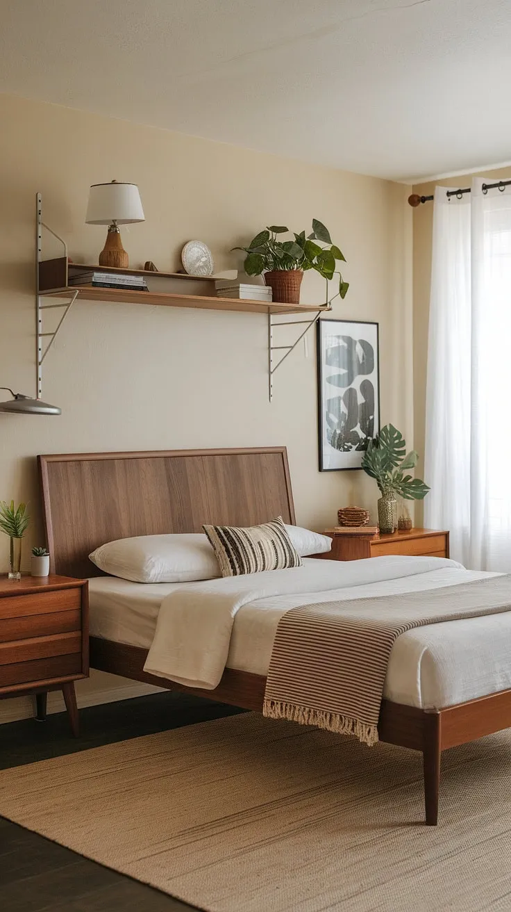 Step into a sanctuary of calm. This mid-century modern bedroom, with its warm beige walls and rich wood tones, offers a sophisticated blend of vintage charm and contemporary comfort. The carefully curated details, from the elegant headboard to the thoughtfully placed plants, create a space that is both stylish and serene. A perfect retreat for restful nights and peaceful mornings.