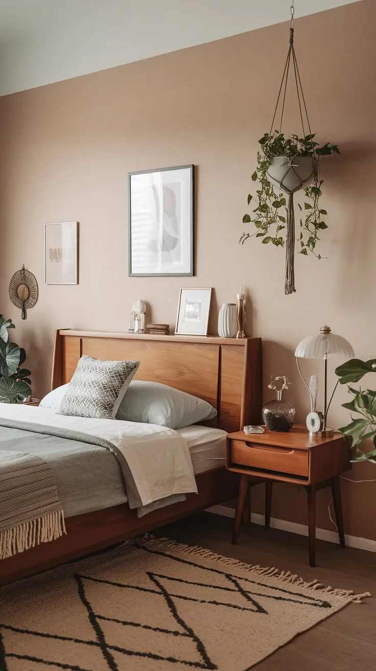 This mid-century modern bedroom is a testament to timeless design. The wooden bed frame, hanging planter, and carefully chosen accessories create a sophisticated and inviting atmosphere. A true dream apartment, effortlessly blending vintage aesthetics with contemporary comfort.
