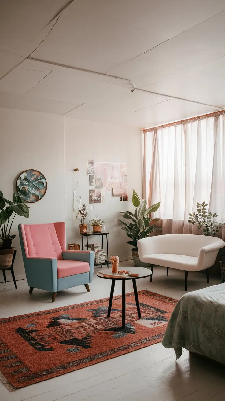 Step back in time with this dreamy bedroom, a harmonious blend of 1950s charm and mid-century modern elegance. The soft lighting and airy white space create a serene atmosphere, perfectly complemented by pops of color and vintage finds. A true testament to timeless design.