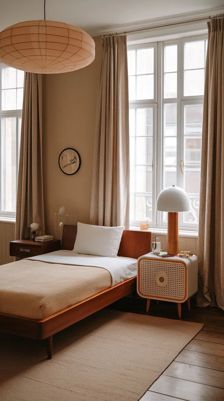 This apartment's bedroom is a testament to timeless style. The blend of mid-century modern furniture and 1950s decor creates a sophisticated yet cozy space. Every detail, from the orange lampshade to the patterned nightstand, contributes to the overall feeling of relaxed elegance. A true dream come to life.