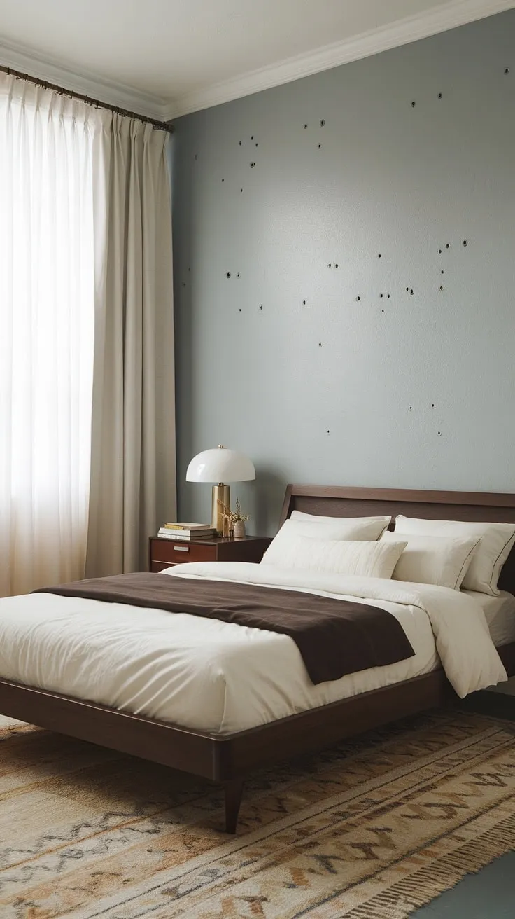 This mid-century modern bedroom seamlessly blends vintage 1950s charm with contemporary comfort. The dark wood bed frame anchors the space, while the soft beige rug and crisp white linens create a calming atmosphere. A perfect blend of old and new, this dream apartment aesthetic is effortlessly chic.