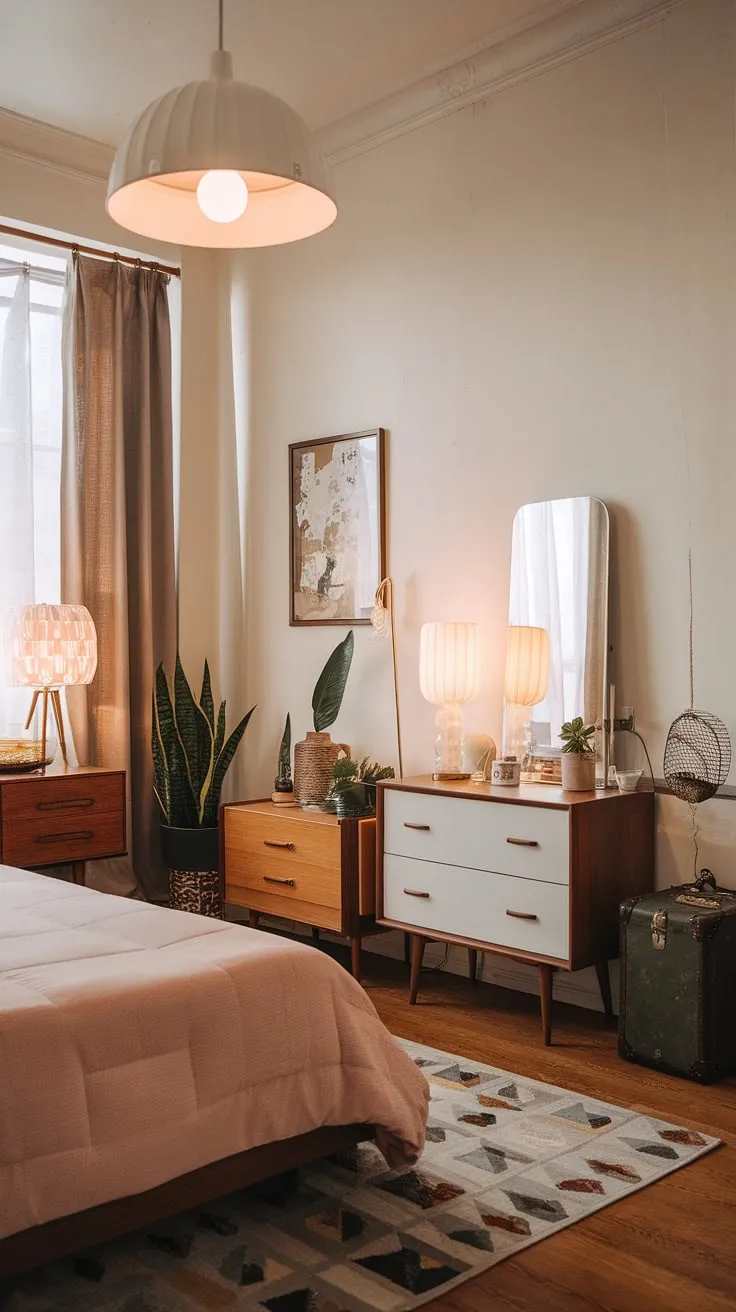 Step into a dream apartment where mid-century modern meets vintage charm. This bedroom, bathed in warm light, is a haven of calm with its light pink bedding, sleek white dresser, and carefully curated details. A perfect blend of old and new, it's the epitome of stylish comfort.