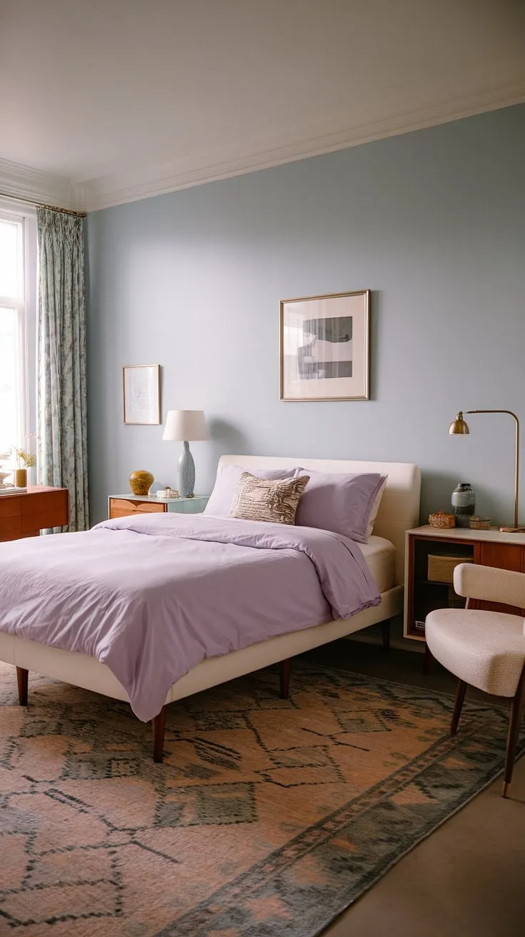 Step into a dreamy 1950s-inspired haven, where pastel hues and mid-century modern furniture create the perfect blend of vintage charm and contemporary comfort. This light-filled space is a testament to effortless elegance, a sanctuary designed for relaxation and quiet contemplation. The lavender comforter adds a touch of whimsy, while the clean lines of the furniture maintain a sense of calm. A true escape.