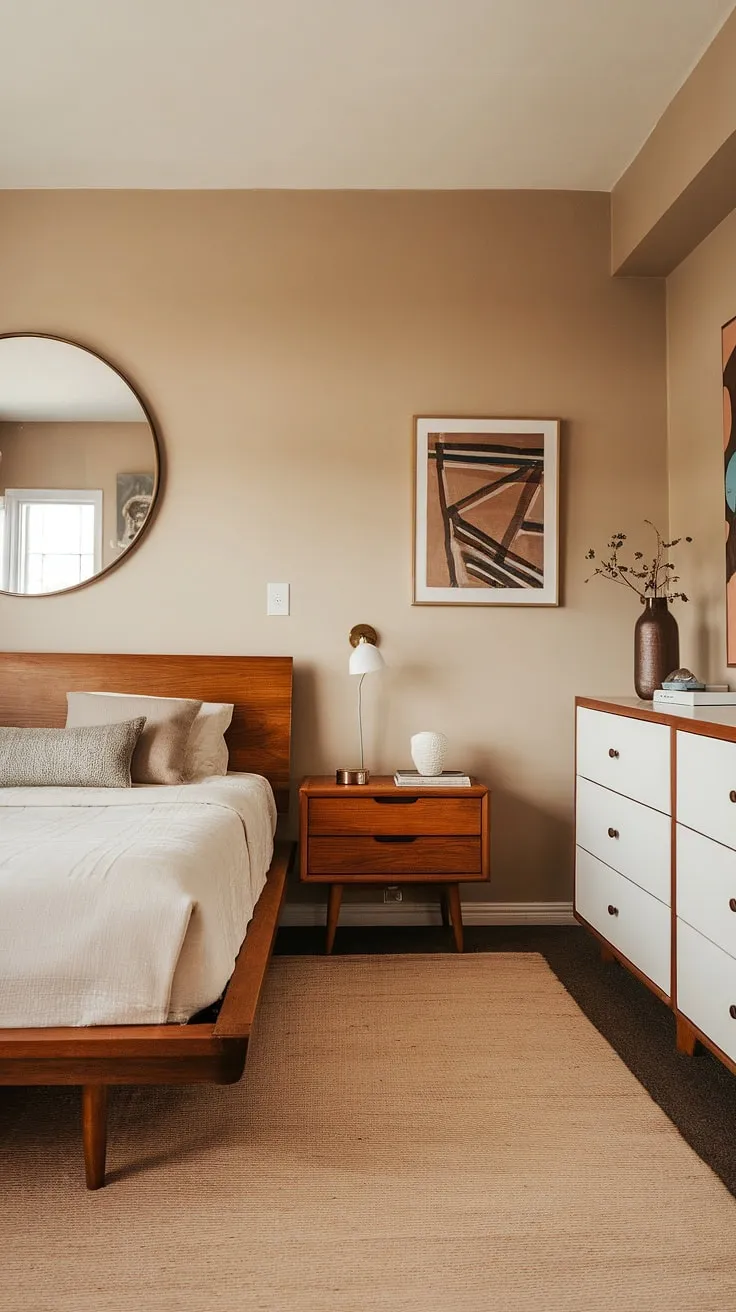 This bedroom is a testament to the enduring appeal of mid-century modern style. The carefully chosen pieces, from the wooden platform bed to the elegant dresser, create a sophisticated and inviting atmosphere. A calming color palette and thoughtful details make this room a true haven.