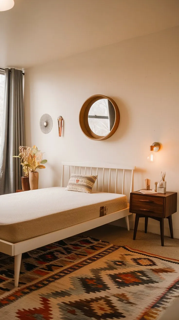 A harmonious blend of vintage charm and modern minimalism. This bedroom showcases the best of both worlds, creating a space that's both aesthetically pleasing and incredibly relaxing. The carefully curated details, from the wooden nightstand to the patterned rug, tell a story of thoughtful design and a love for the past.
